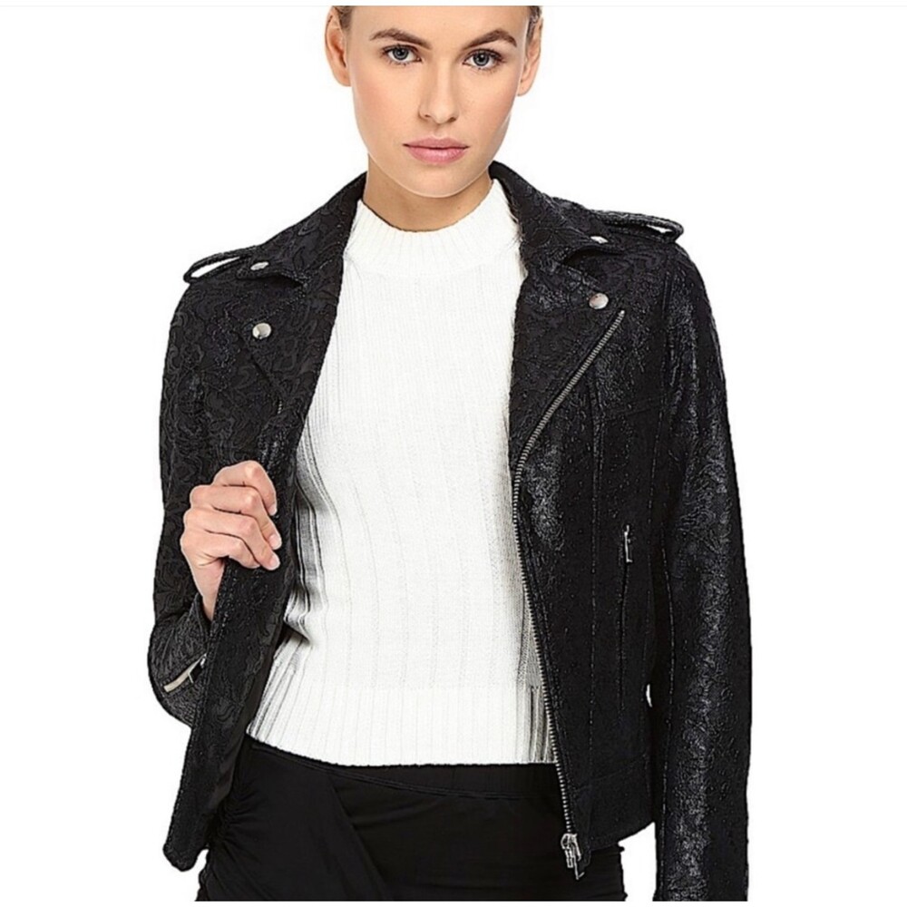 The Kooples Lace Moto Faux Leather Jacket Black Waxed XS